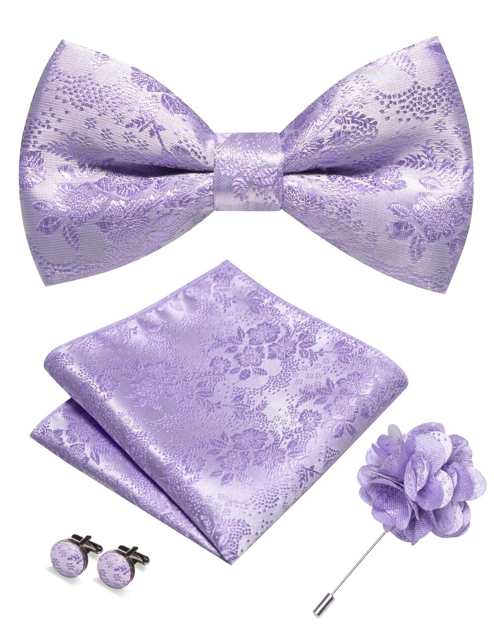5273 Floral Pre-tied Lavender Bow Tie and Pocket Square Cufflinks Lapel Pin